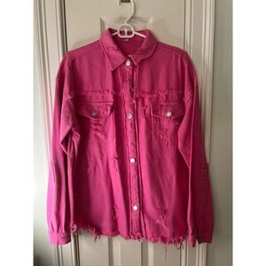 PUWEI Ripped Fringe Jean Jacket Womens Pink Distressed Denim Shacket DH-002 L